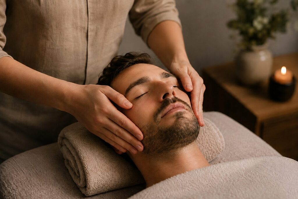 Entspannende Gesichtsmassage für einen Mann in ruhiger Spa-Atmosphäre mit warmem Licht und natürlichen Beigetönen