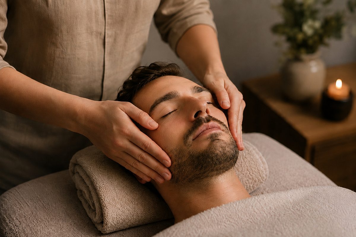 Entspannende Gesichtsmassage für einen Mann in ruhiger Spa-Atmosphäre mit warmem Licht und natürlichen Beigetönen