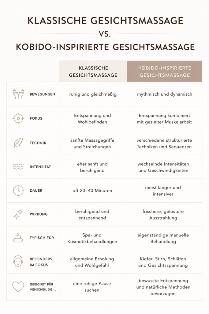 Vergleich zwischen klassischer Gesichtsmassage und Kobido-inspirierter Gesichtsmassage mit Übersicht zu Technik, Intensität und Wirkung in Bonn