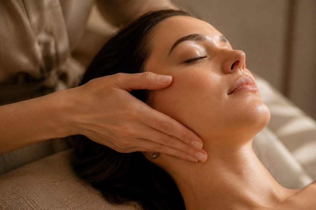 Sanfte, japanisch inspirierte Gesichtsmassage mit entspannender Handbewegung entlang der Kieferlinie in warmer, ruhiger Wellness-Atmosphäre.